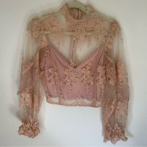 A Peach Elegant Lace Sheer Jacket - Pink, Size M